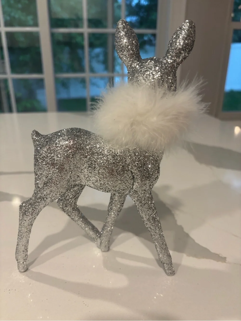 Silver Glitter Deer Figurine with White Faux Fur Collar… 5x7 Inches
